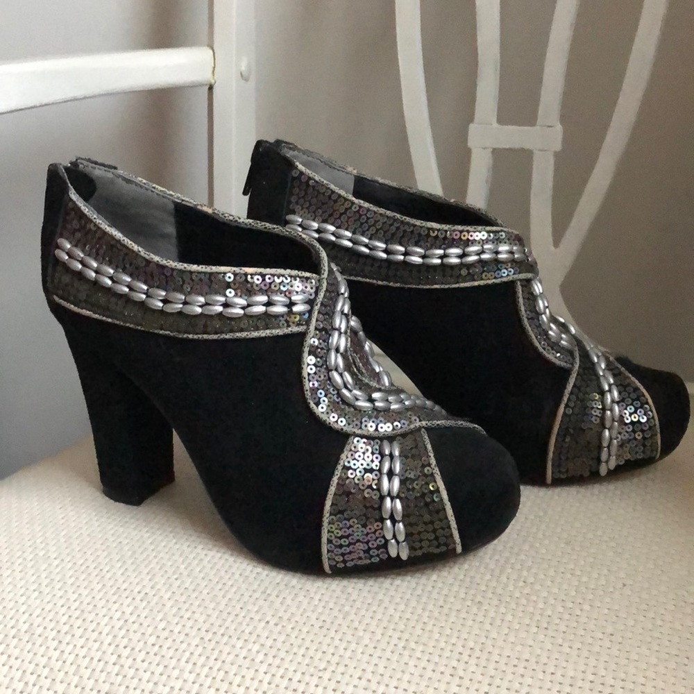 Black Suede Booties Beaded/Sequence